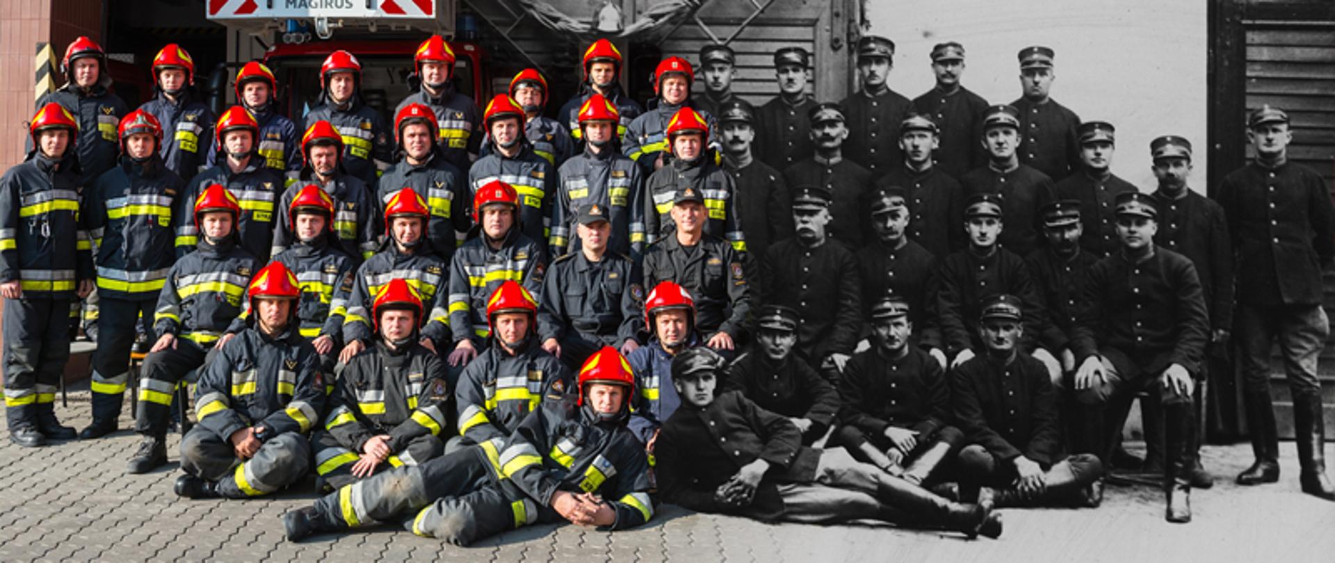 Po lewej stronie zdjęcia strażacy z jednostki nr 3 w Warszawie z 2017 roku. Po prawej stronie zdjęcia strażacy z lat 20-tych ubiegłego wieku. 