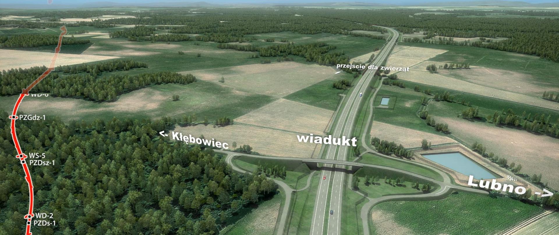 Wizualizacja drogi ekspresowej przebiegającej przez tereny leśne i pola uprawne. Centralnym elementem jest wiadukt, pod którym prowadzi lokalna droga, a dalej widoczne są oznaczenia miejscowości Kłębowiec i Lubno. W tle znajduje się także przejście dla zwierząt oraz zbiorniki retencyjne przy trasie.