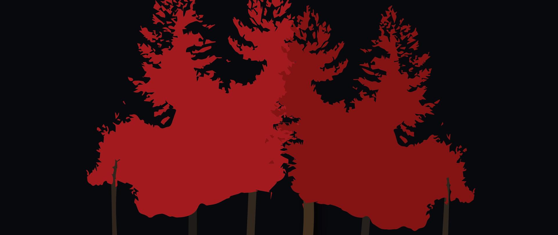 Plakat z czerwonymi drzewami na czarnym tle