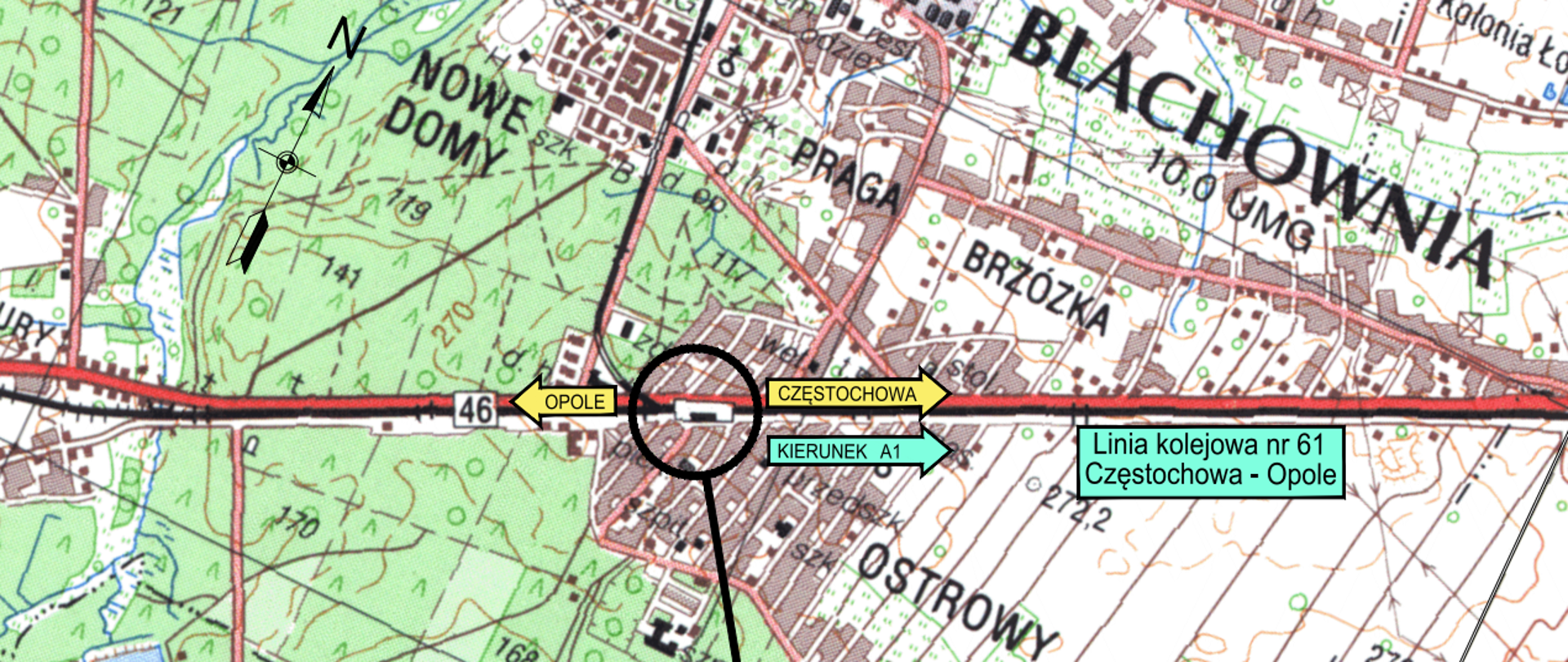 Mapa przedstawiająca lokalizację przedsięwzięcia, jakim jest poprawa bezpieczeństwa ruchu drogowego na skrzyżowaniu DK46 z ul. Pocztową w Blachowni. Wskazane są też kierunki DK46 oraz dojazd do autostrady A1, a ponadto równolegle biegnąca do DK46 linia kolejowa nr 61 relacji Częstochowa - Opole.