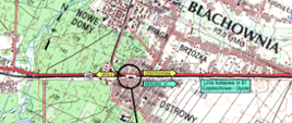 Mapa przedstawiająca lokalizację przedsięwzięcia, jakim jest poprawa bezpieczeństwa ruchu drogowego na skrzyżowaniu DK46 z ul. Pocztową w Blachowni. Wskazane są też kierunki DK46 oraz dojazd do autostrady A1, a ponadto równolegle biegnąca do DK46 linia kolejowa nr 61 relacji Częstochowa - Opole.