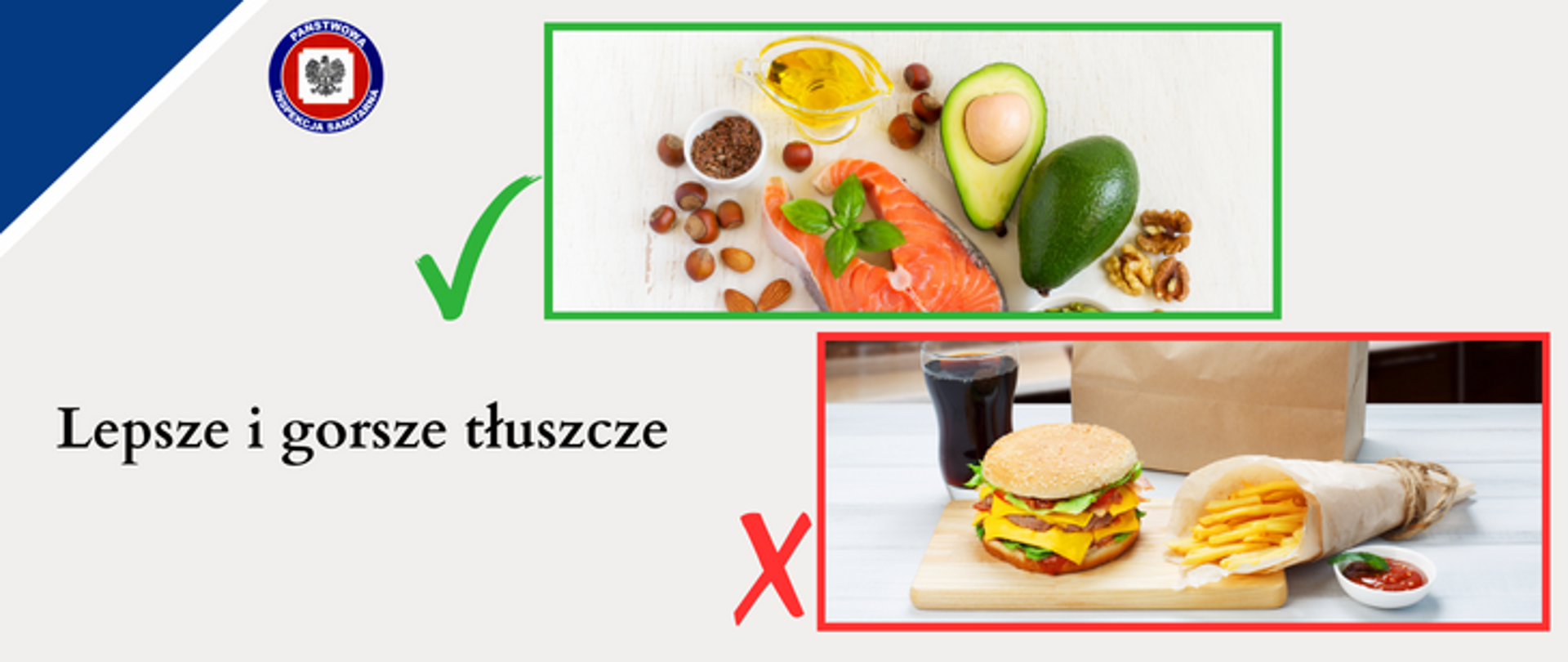 Na jasnoszarym tle na górze w zielonej ramce z zielonym znakiem "ok" po jej lewej stronie zdrowe produkty zawierające białka i tłuszcze, poniżej w czerwonej ramce z czerwonym znakiem X po jej lewej stronie produkty typu fastfood, W lewym górnym rogu logo Państwowej Inspekcji Sanitarnej.