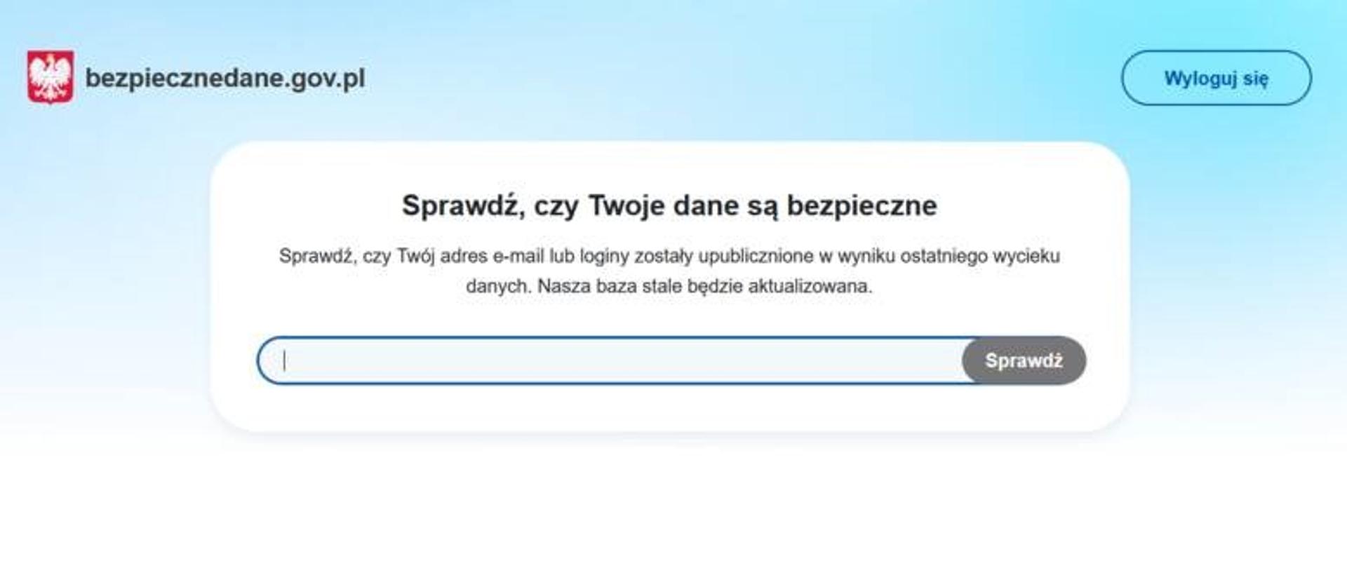 Zdjęcie strony internetowej bezpiecznedane.gov.pl - panel do sprawdzenia swojego adresu e-mail. Napis Sprawdź czy Twoje dane są bezpieczne