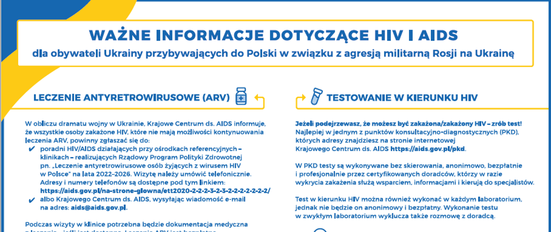 Plakat informacyjny dotyczący opieki zdrowotnej związanej z leczeniem ARV dla uchodźców z Ukrainy