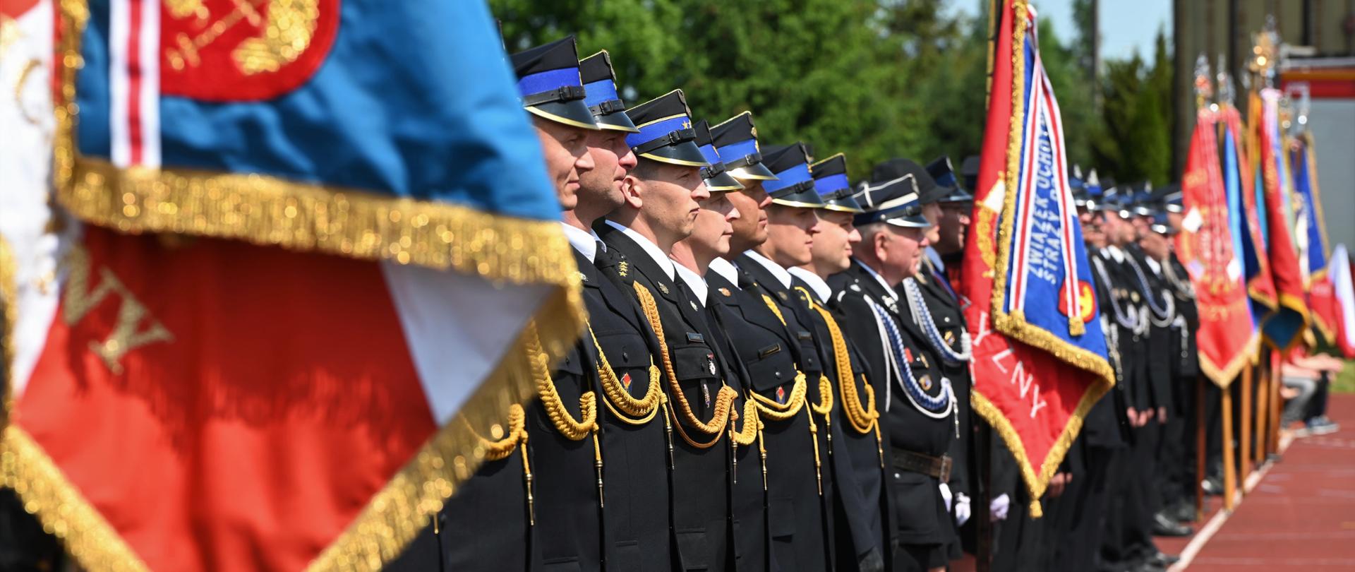 Zbiórka jednostek straży pożarnej na boisku przy Zespole Szkół w Widawie