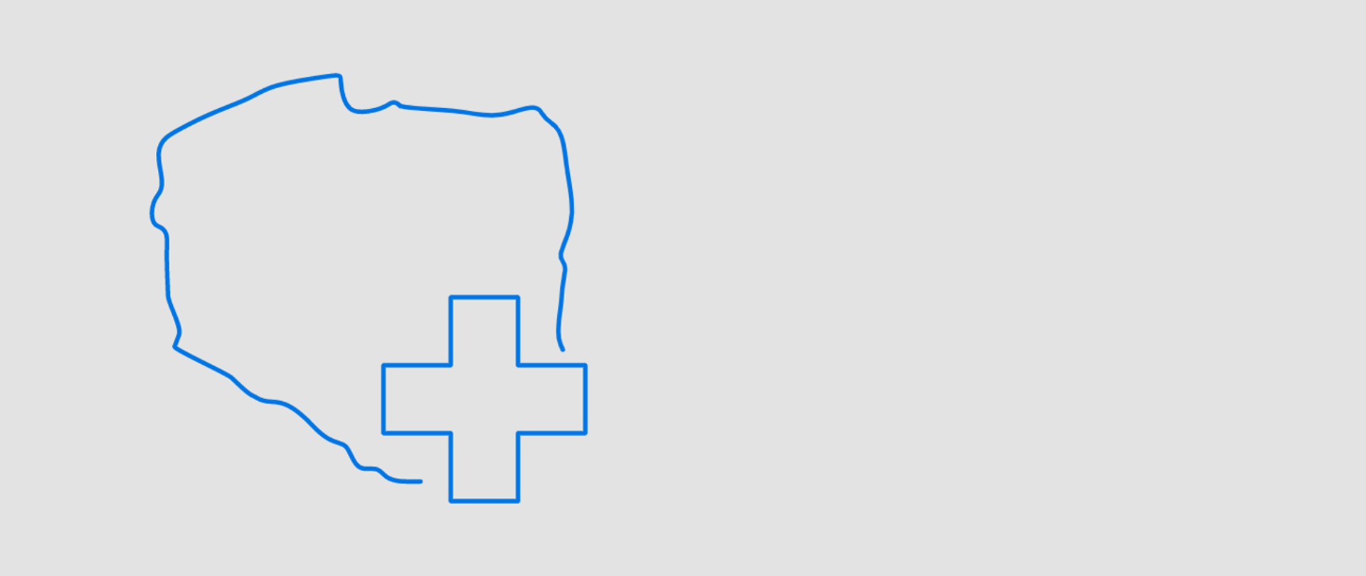 Rysunek konturowy mapy Polski ze znakiem plus w dolnej części mapy