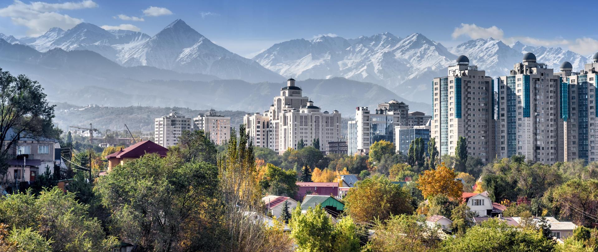 City landscape on a background of snow-capped mountains
