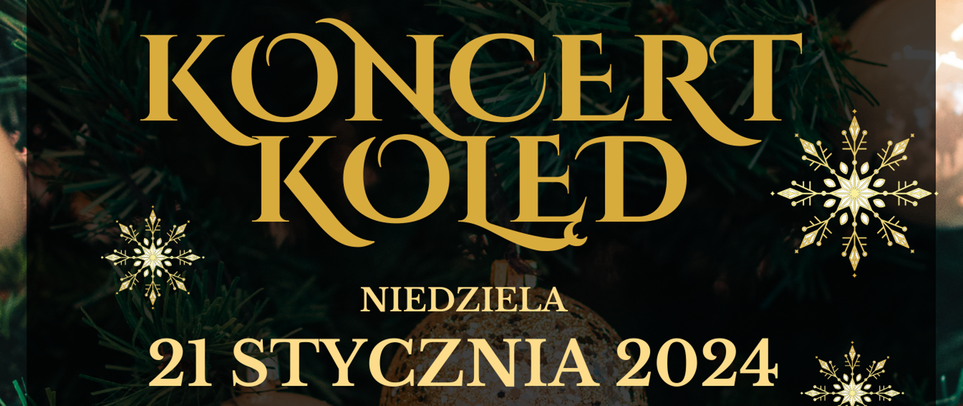 Zdjęcie przedstawia na czarnym tle informacje napisane złotymi i białymi literami - Koncert kolęd niedziela 21 stycznia 2024 godzina 17.30 Kościół pod wezwaniem św. Barbary Dziewicy i Męczennicy w Wieluniu, ul. Joanny Żubr 41. Dalej informacje o występujących chórach i zespołach, poniżej białą czcionką informacja o przygotowaniu zespołów przez Jakuba Jurdzińskiego i akompaniującym - Zbigniewie Szpikowskim. na dole informacja o wstępie wolnym na wydarzenie. Na obrzeżach zdjęcia części bombek i gałązek świerkowych oraz złote gwiazdki.