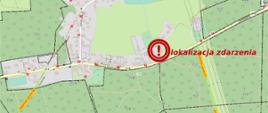Mapa przedstawiająca miejsce zdarzenia zaznaczone podwójnym czerwonym kółkiem z wykrzyknikiem