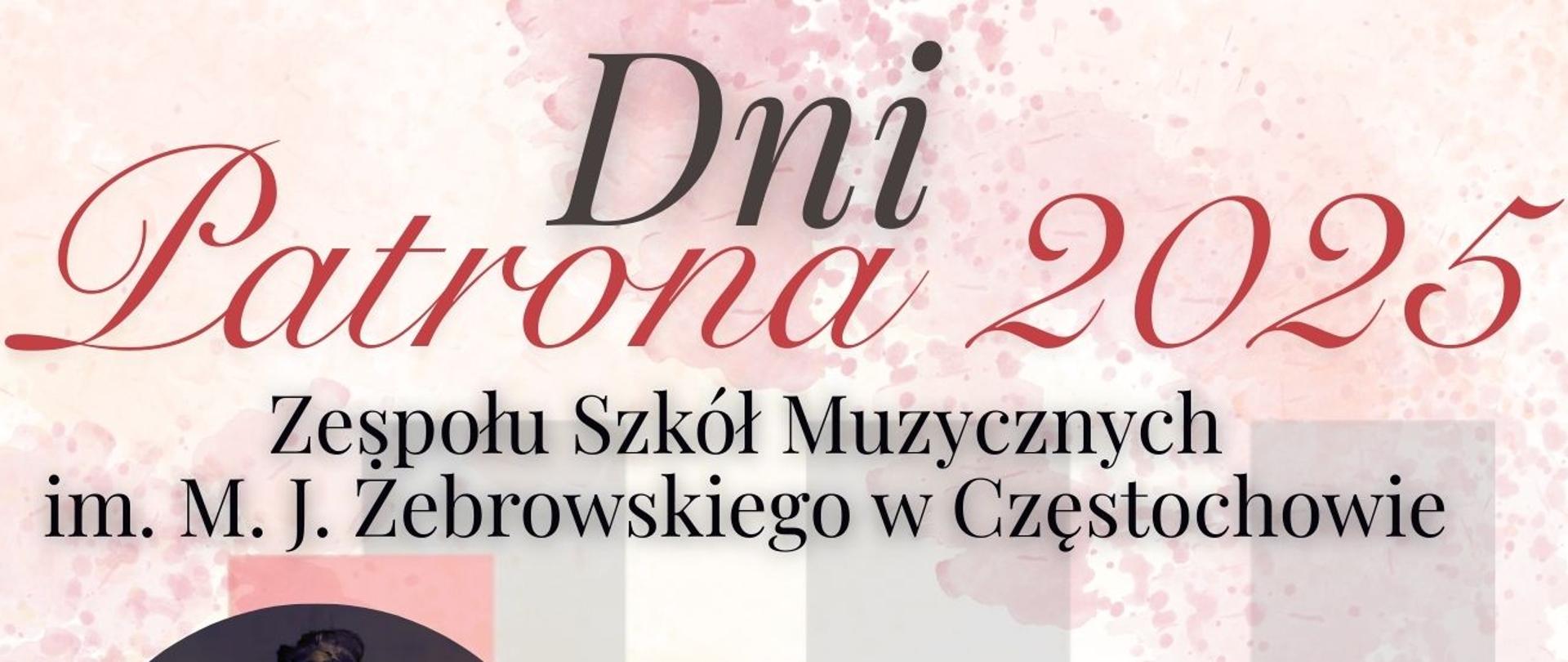 Pastelowe tło z logo szkoły, zdjęcia Marty Kotaszewskiej, Anny Jaśkiewicz, tekst dotyczący Dni Patrona 1,11 i 17 grudnia 2025 r.