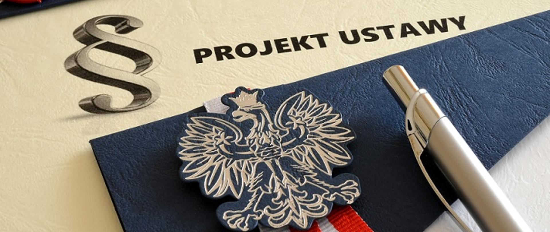 Zdjęcie prtzedstawia grafikę poglądową projektu ustawy. Na pierwszym tle Orzeł z Godła RP na niebieskim tle. W tle niebieska teczka oraz napis "projekt ustawy" na kremowym tle.