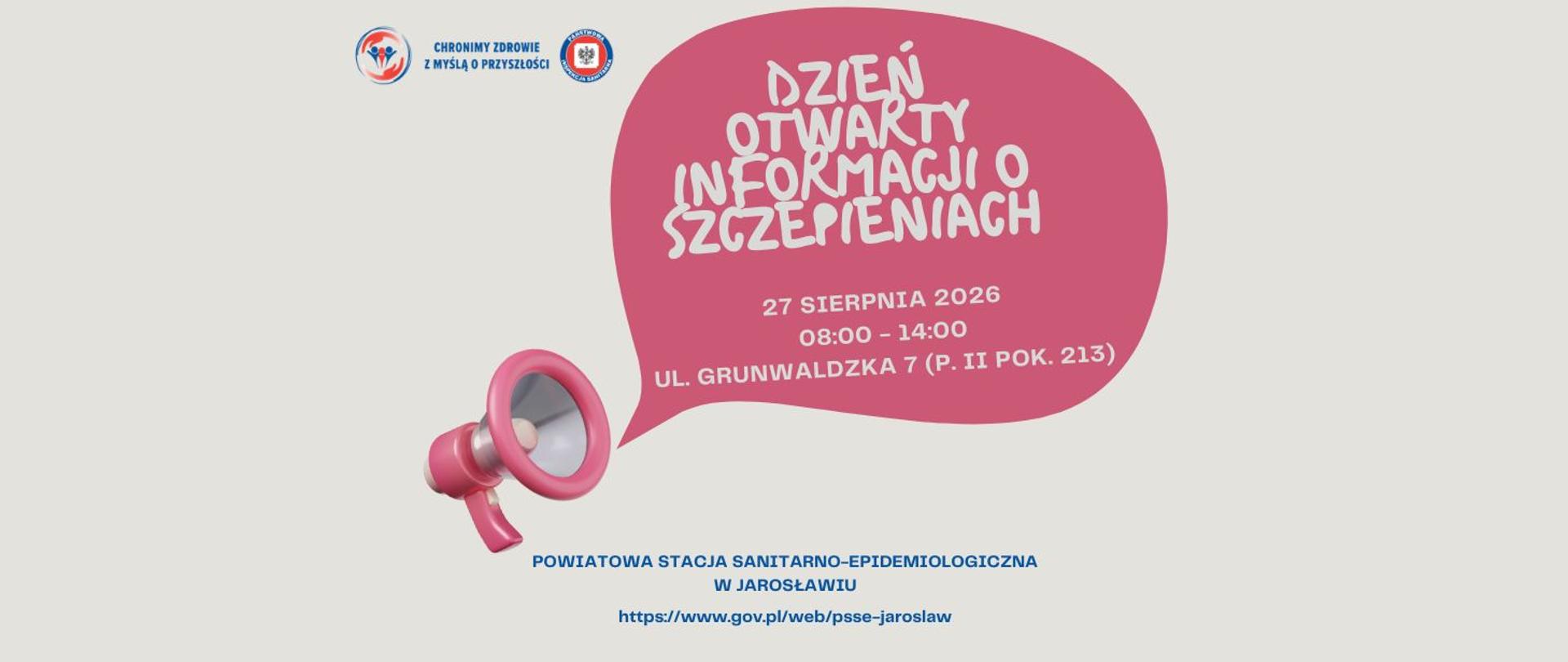 Plakat informujący o Dniu Otwartym Informacji o Szczepieniach w Powiatowej Stacji Sanitarno-Epidemiologicznej w Jarosławiu, 28 sierpnia 2026 r., godz. 8:00–14:00.”