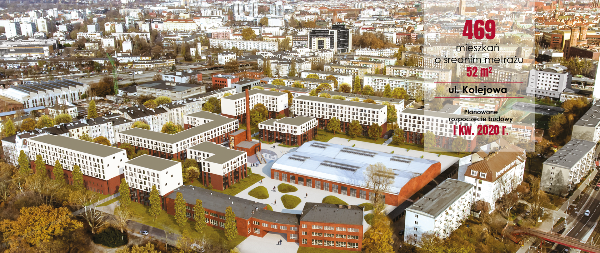 wizualizacja projektu i napis 469 mieszkań o średnim metrażu 52 mkw., ul. Kolejowa, planowane rozpoczęcie budowy I kw. 202 r.