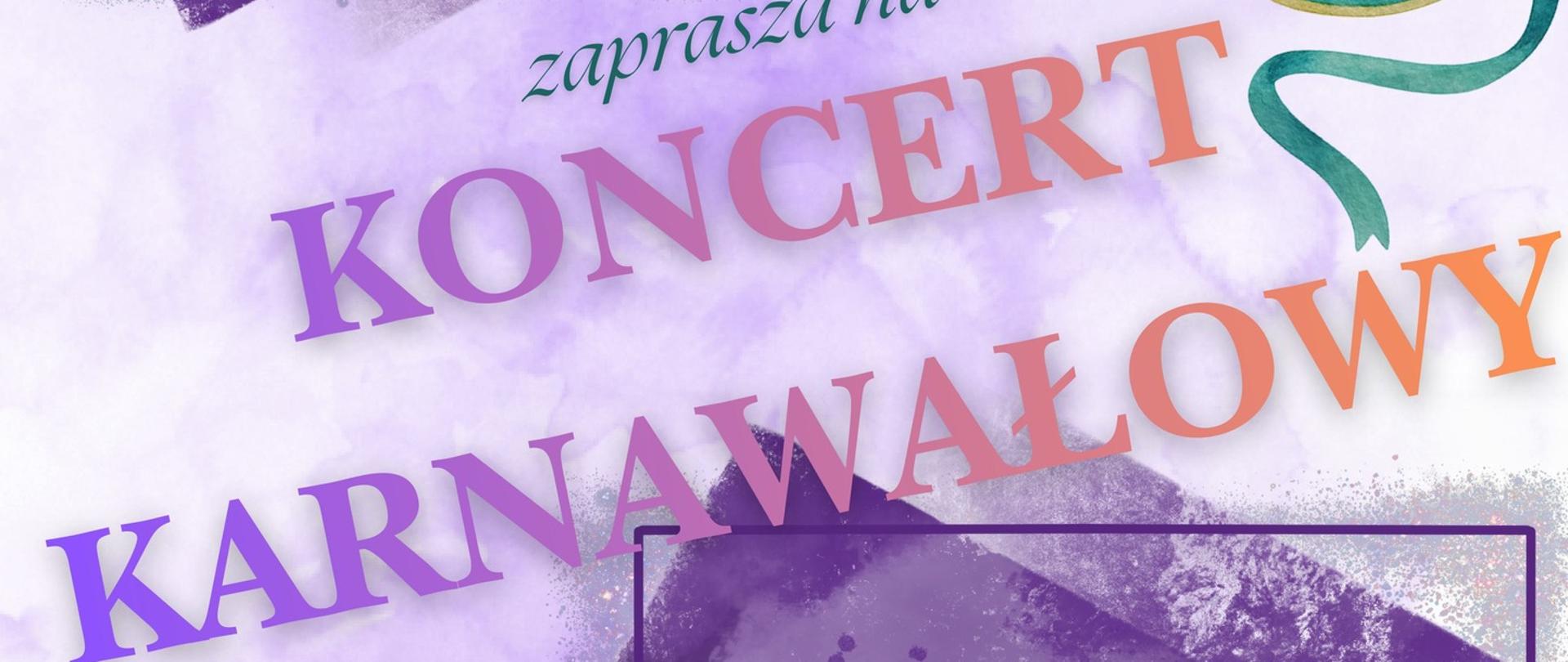 Nazwa szkoły, tytuł, termin i miejsce koncertu. Ozdobne grafiki masek karnawałowych.