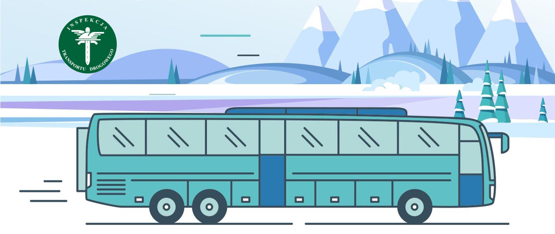 Bezpieczny autokar - grafika - autobus, w tle zimowy krajobraz z górami

