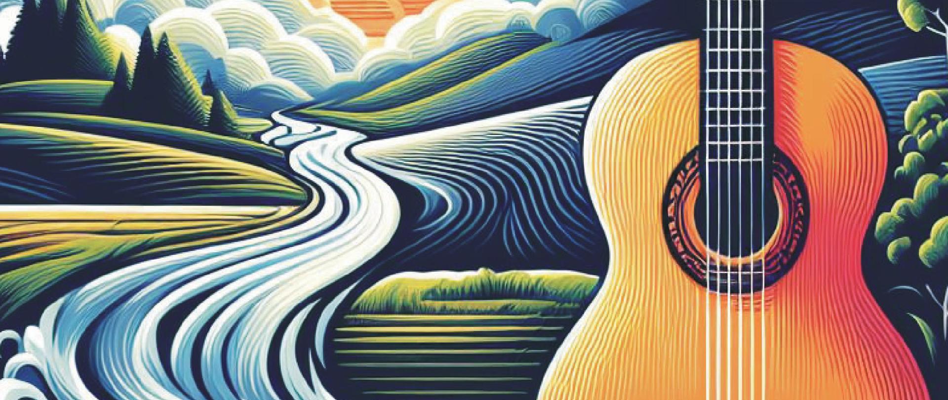 Plakat konkursu na białym tle z grafiką gitary na tle malowniczego krajobrazu