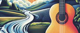 Plakat konkursu na białym tle z grafiką gitary na tle malowniczego krajobrazu