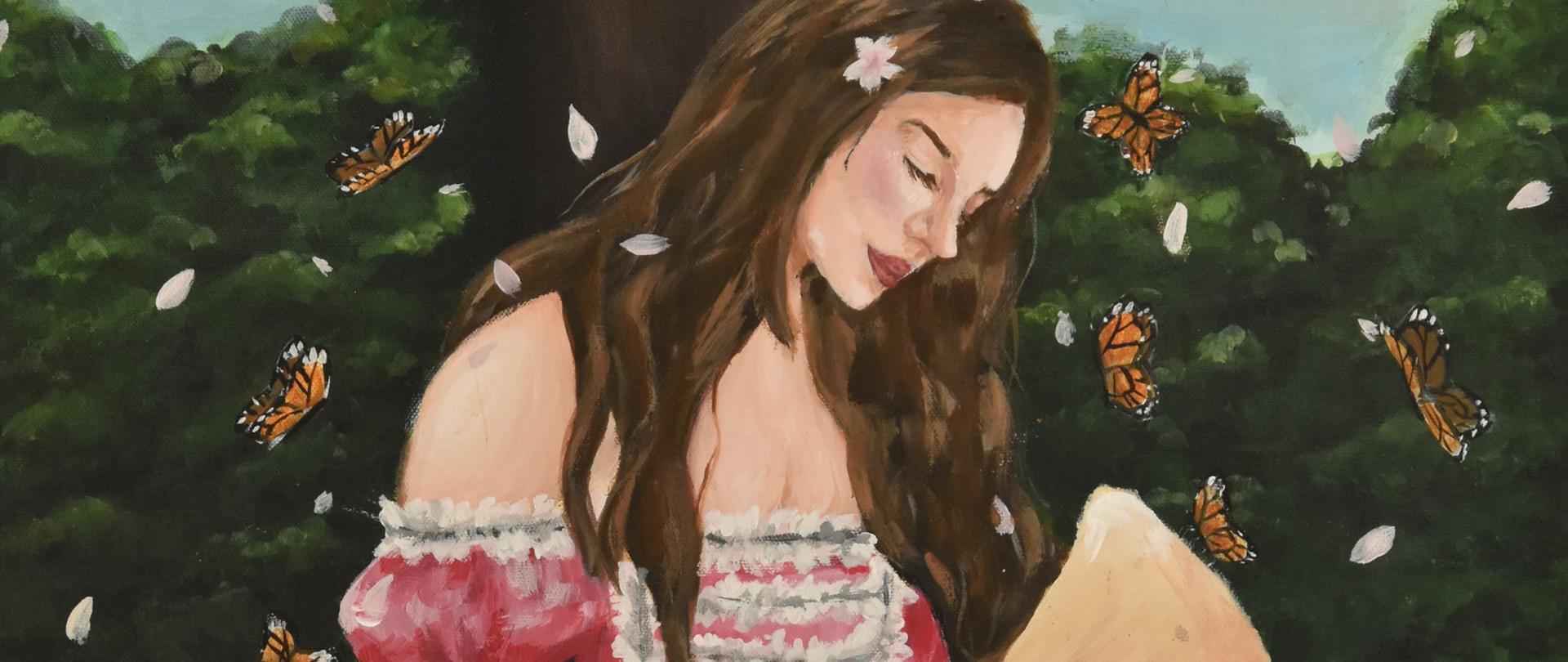 Obraz ukazujący kobietę w czerwonej sukni czytającą list