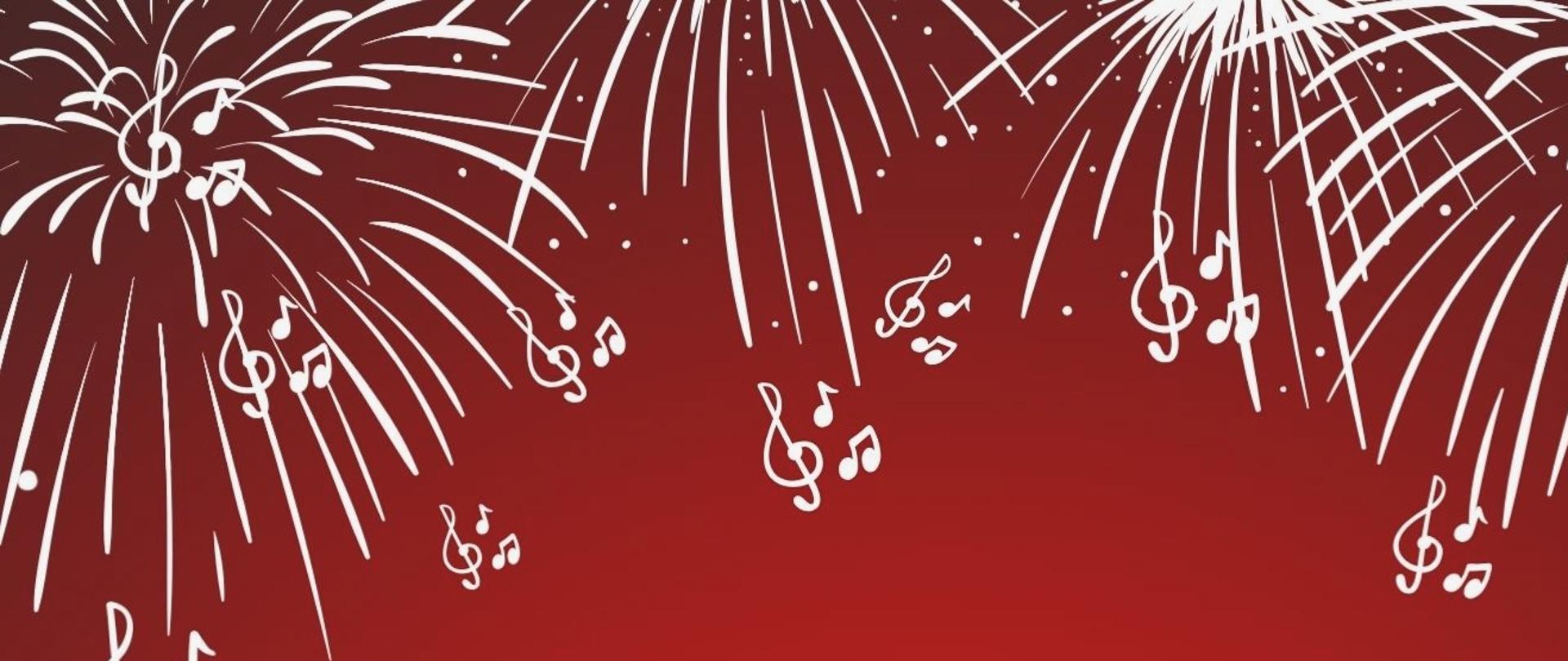 BIałe fajerwerki, nuty i klucze wiolinowe na czerwonym tle