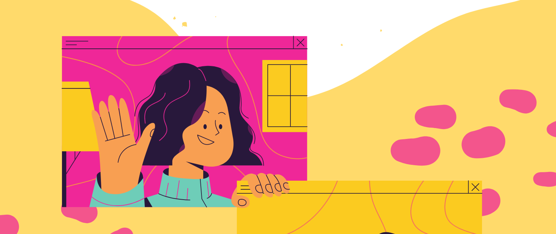 Na biało- żółtym tle plakatu u góry czarny napis, poniżej różowymi literami informacja o wywiadówce. Na środku kwadraty z kolorowymi postaciami kobiety i mężczyzny. Nadole umieszczony został czarny napis z datą i godziną wywiadówki.