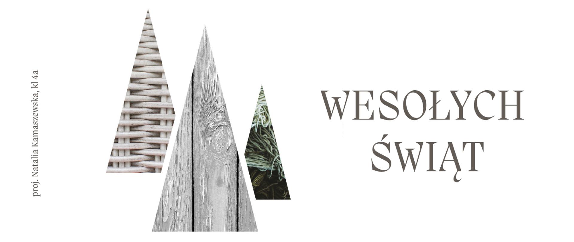 Graficzny symbol świąt w postaci trójkątów z wypełnieniem. Napis wesołych świąt