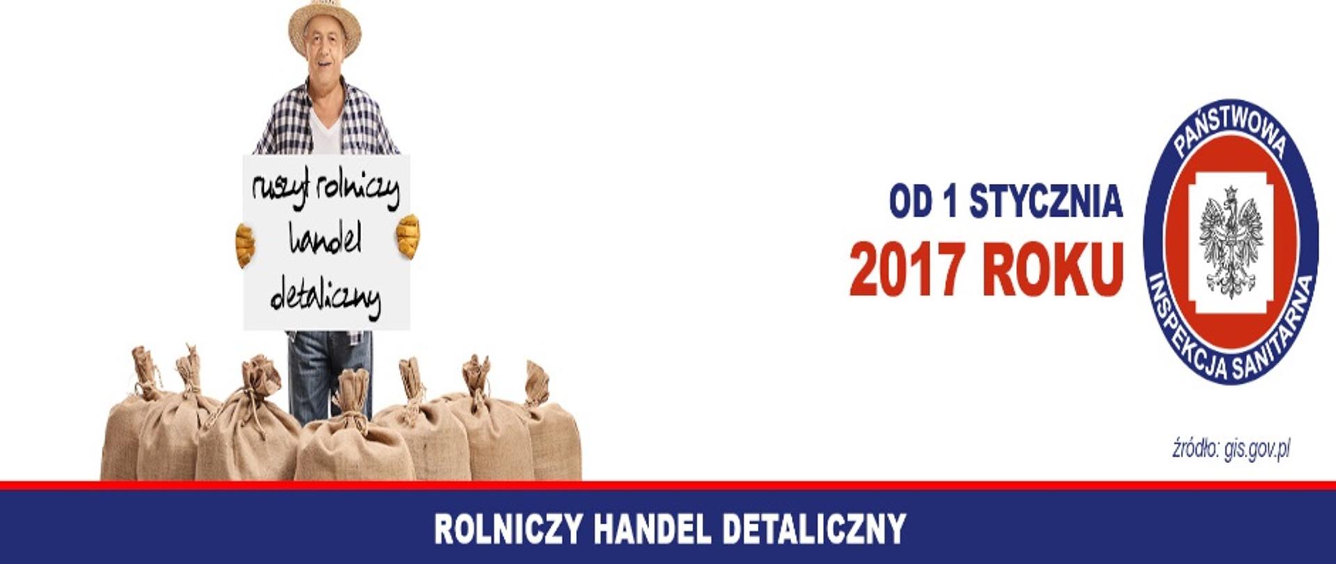 Po lewej stronie widzimy osobę (rolnika), który stoi z tablicą na której widnieje napis: " ruszył rolniczy handel detaliczny". Po prawej stronie widzimy napis: " od pierwszego stycznia 2017 roku" oraz logo Państwowej Inspekcji Sanitarnej.