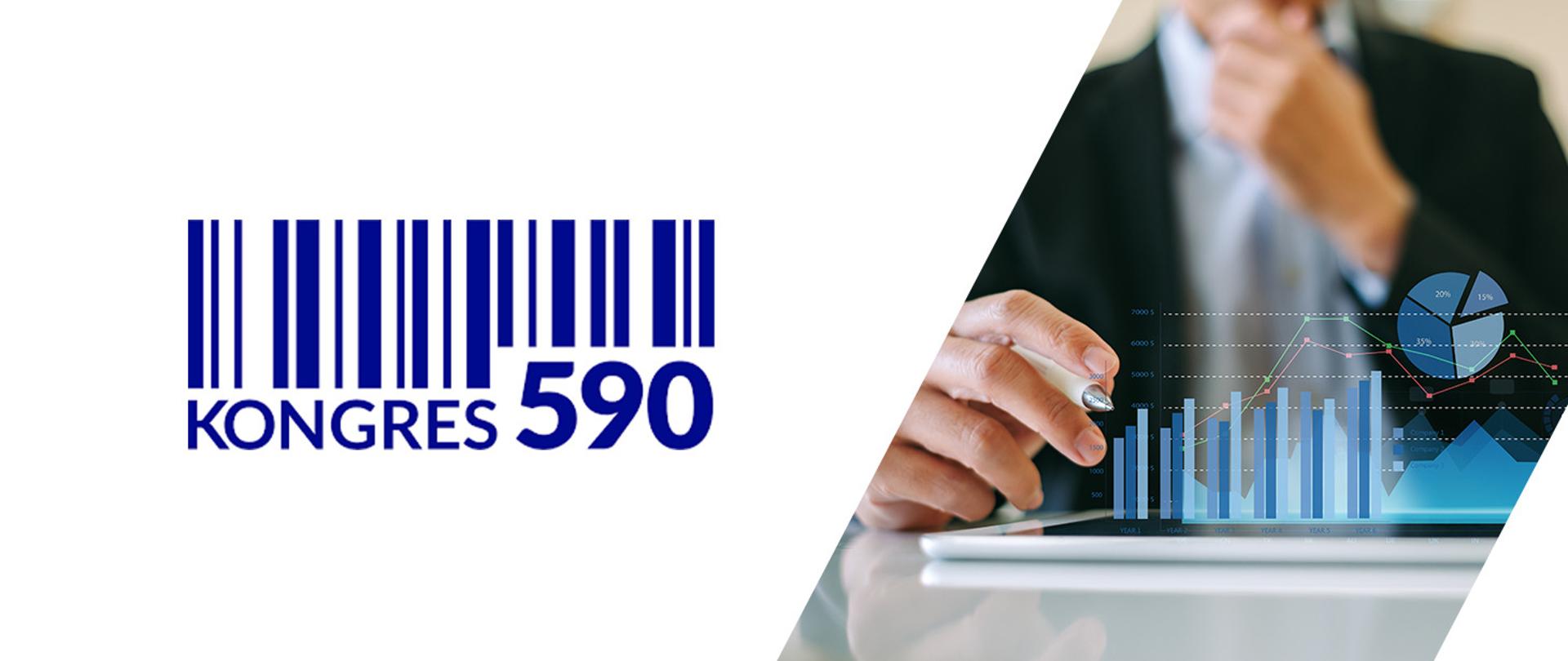 Logo Kongresu 590 z kodem kreskowym, po prawej zdjęcie przedstawiające osobę analizującą wykresy makroekonomiczne