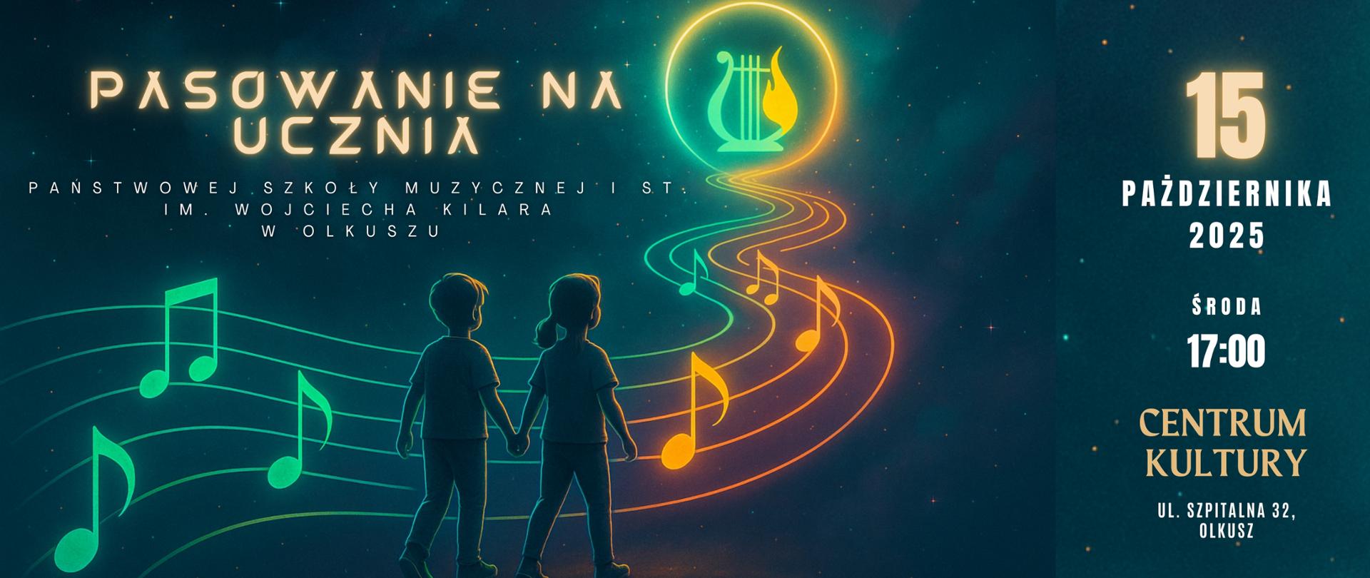 zielonoczarne tło, przypominające galaktykę, chłopiec i dziewczynka idą po pięciolinii, żółte neonowe napisy