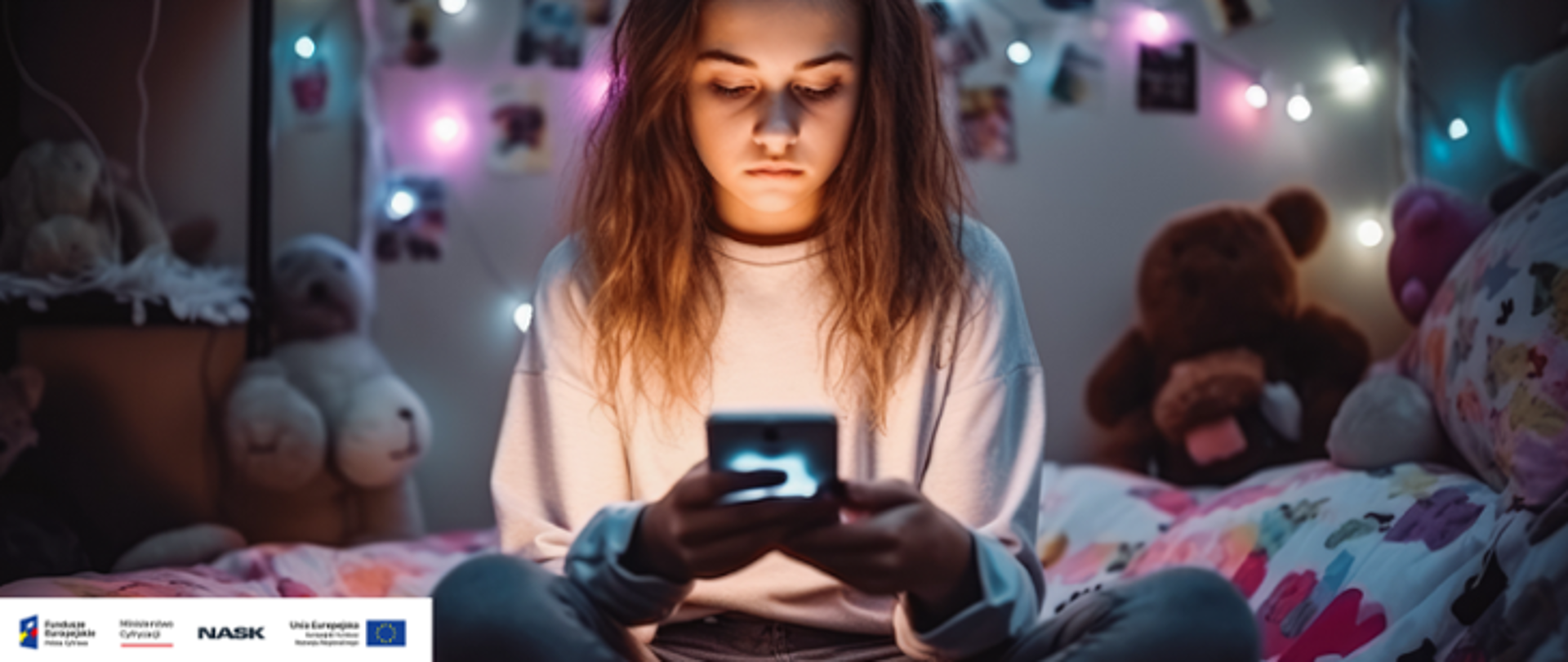 Na zdjęciu widzimy nastolatkę trzymająca w ręku telefon komórkowy. Dziewczyna siedzi na łóżku, wpatrzona w telefon.