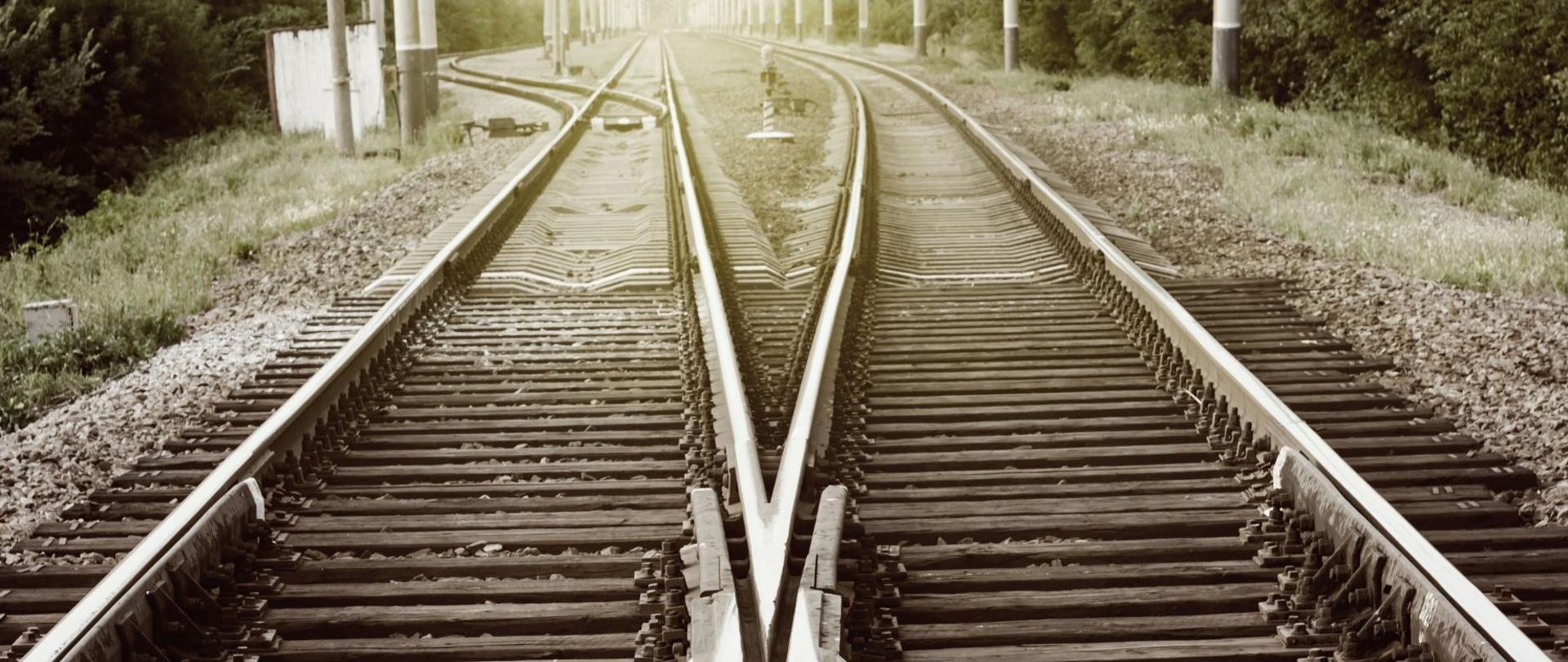 Zdjęcie przedstawia fragment torów kolejowych, rozchodzących się od zwrotnic w trzech różnych kierunkach. 