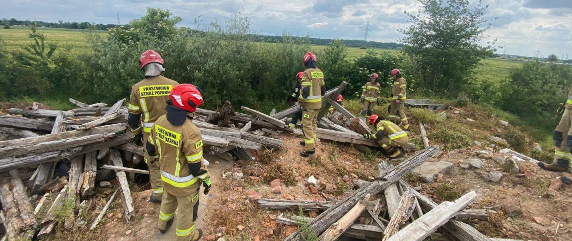 Strażacy Państwowej Straży Pożarnej podczas ćwiczeń związanych ze szkoleniem z działań poszukiwawczo-ratowniczych. Strażacy w mundurach bojowych z hełmami na głowach przeczesują gruzowisko na jednym z poligonów.