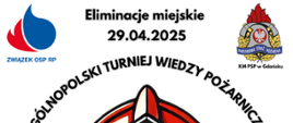 Plakat Ogólnopolskiego Turnieju Wiedzy Pożarniczej - eliminacje miejskie. Na plakacie hełm i książka.
