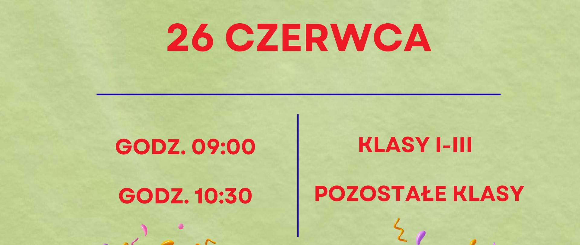 Zielone tło, po lewej logo szkoły, na dole grafika konfetti, tekst dotyczący zakończenia roku szkolnego