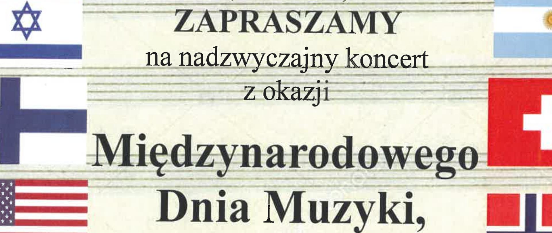 Plakat zapraszający na nadzwyczajny koncert z okazji Międzynarodowego Dnia Muzyki, który odbędzie się 1 października 2026 r. o godz. 16:45 w sali kameralnej PSM. Centralną część plakatu otaczają flagi różnych państw, a tło stanowią pięciolinie. Po koncercie zaplanowano konkurs dla uczniów.