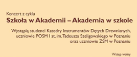 Plakat na kremowym tle z kolorową grafiką nut. Koncert, 8 grudnia 2023, godz. 17:00 Sala kameralna Akademii muzycznej