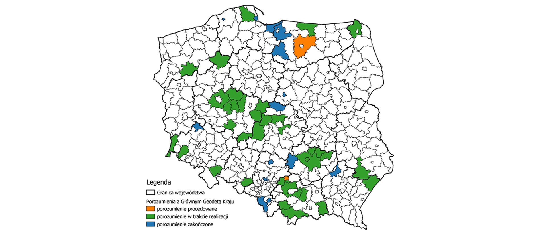 Ilustracja przedstawia mapę Polski z oznaczonymi kolorystycznie powiatami, z którymi zawarte zostało porozumienie.