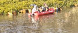 Strażacy w łodzi wyławiają z wody pływające ule