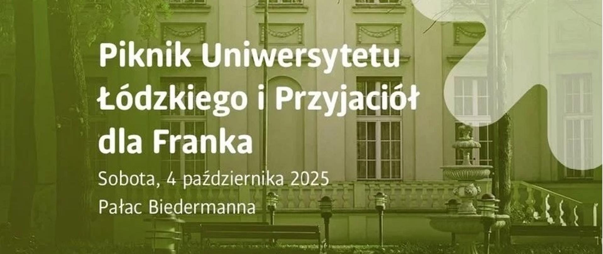 W tle zielone barwy, fragment ładnego muru i ławeczka, napis sobota, 4 października 2025 Pałac Biedermanna 