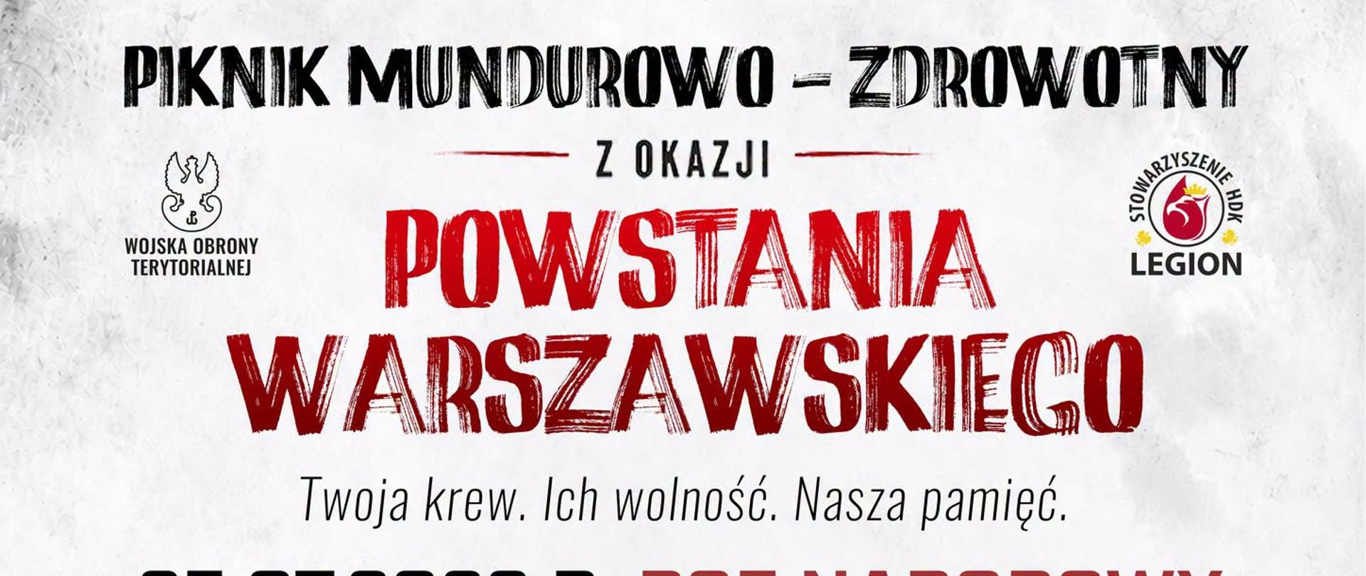 Plakat w języku polskim, w pionowym formacie, zapraszający na wydarzenie o charakterze patriotyczno-edukacyjno-zdrowotnym. Tło grafiki jest jasnoszare i teksturalne, przypominające beton. W centralnej części umieszczono panoramiczne zdjęcie Stadionu Narodowego w Warszawie (PGE Narodowy), otoczonego zielenią, z widocznym dachem i koroną stadionu. Nad stadionem góruje flaga Polski. Po lewej stronie, w tle, widoczny jest Pałac Kultury i Nauki. Po prawej, u góry, zarysowany jest fragment Kolumny Zygmunta. Cała grafika jest obramowana dwiema grubymi, czerwonymi, pionowymi liniami po bokach. Stylistyka jest nowoczesna, czytelna, ale z odniesieniami historycznymi w czcionkach i logotypach.