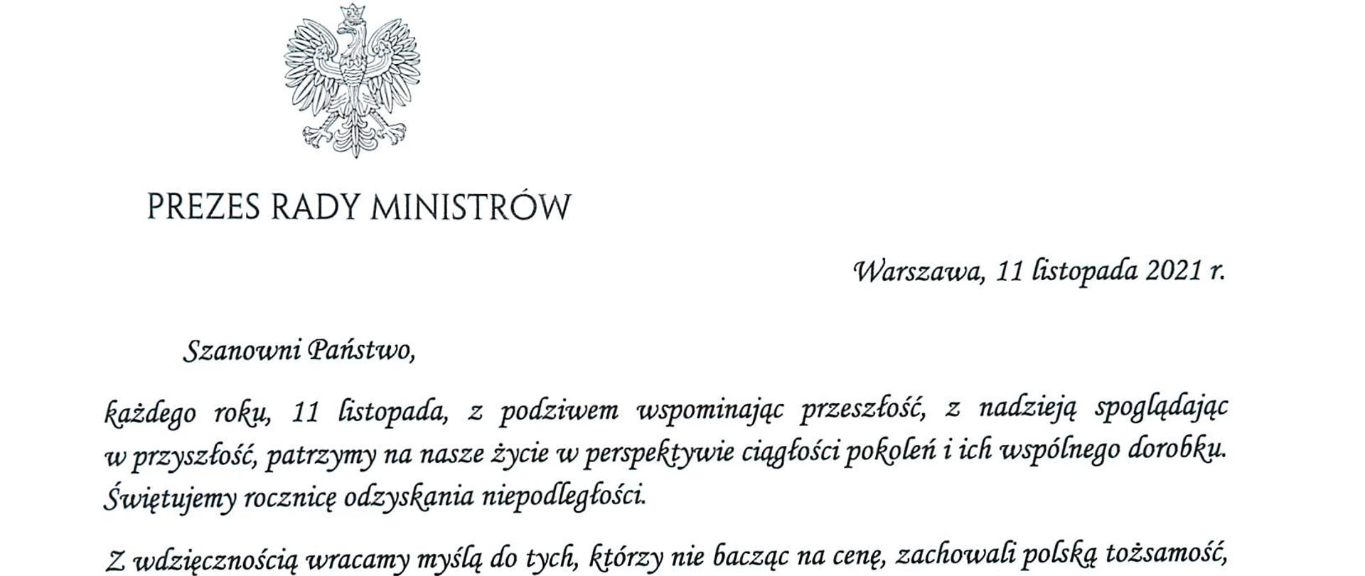 Zdjęcie przedstawia list Prezesa Rady Ministrów z życzeniami z okazji Dnia Niepodległości dla członków Służby Cywilnej.