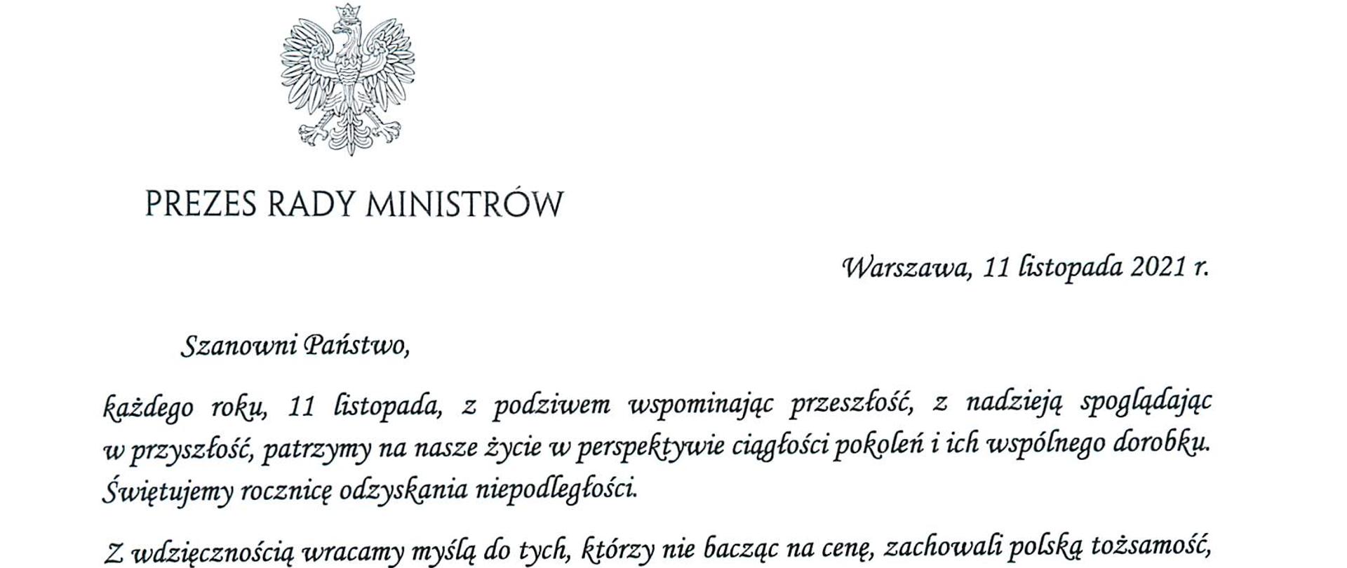 Zdjęcie przedstawia list Prezesa Rady Ministrów z życzeniami z okazji Dnia Niepodległości dla członków Służby Cywilnej.