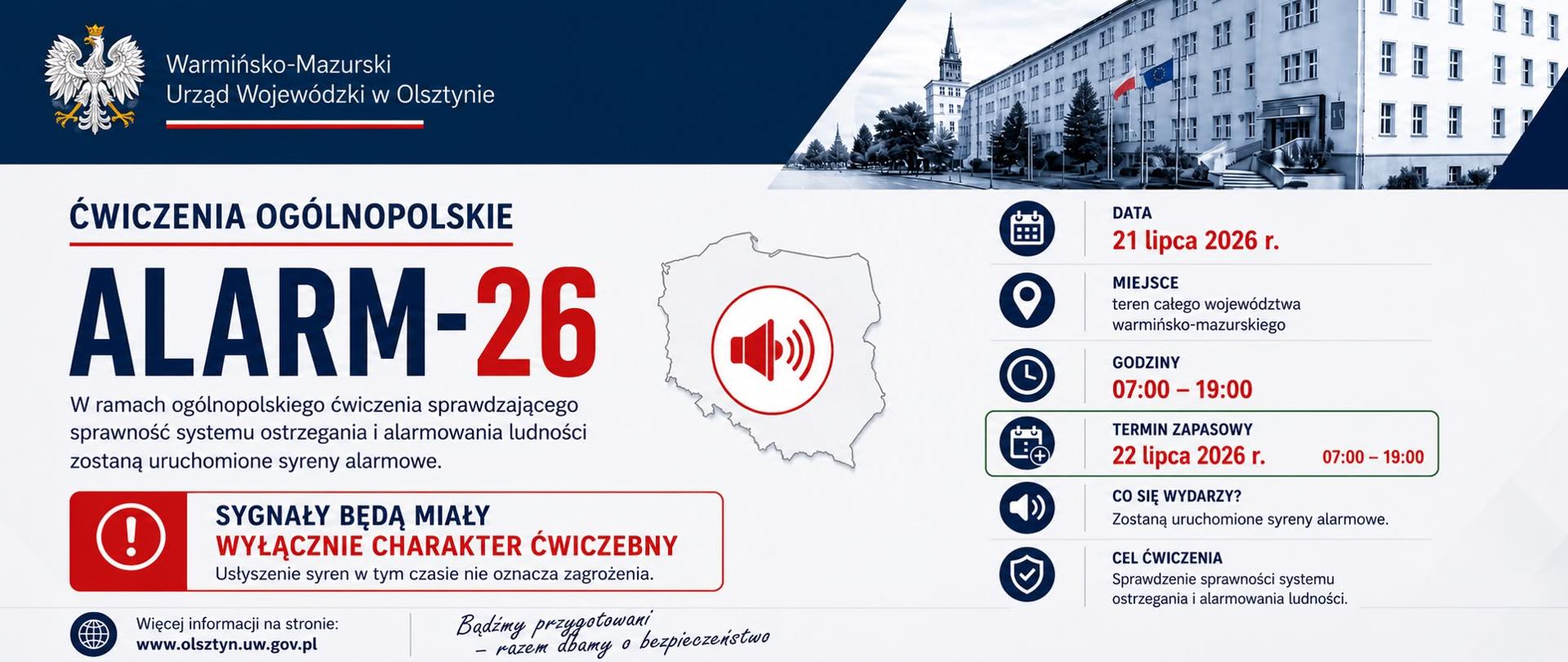 Plakat z dużym tytułem "Alarm-26", po prawej stronie zdjęcie urzędu wojewódkziego