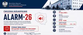 Plakat z dużym tytułem "Alarm-26", po prawej stronie zdjęcie urzędu wojewódkziego