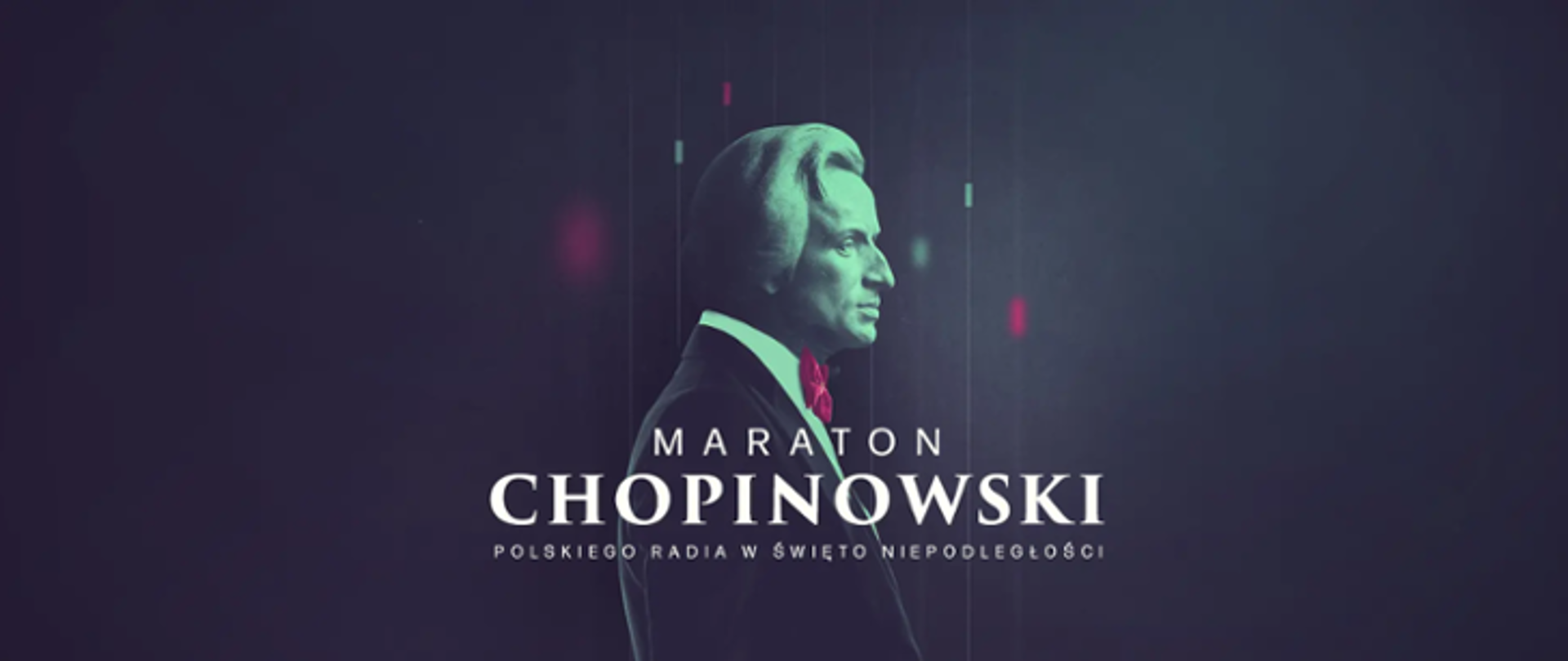 Grafika w kolorze ciemno granatowym. W centrum popiersie F. Chopina z profilu. Na pierwszym planie biały napis: "Maraton chopinowski Polskiego Radia w Święto Niepodległości".