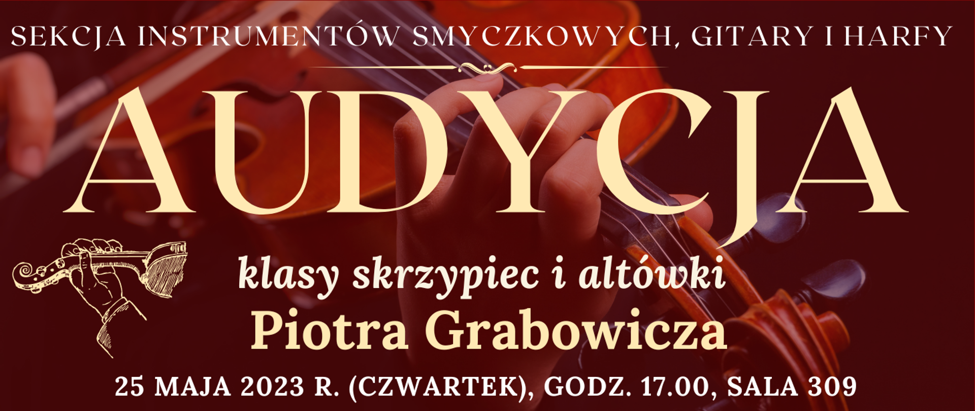 ciemno brązowe tło na tle którego widoczne jest transparentne zdjęcie skrzypiec z informacjami o wydarzeniu