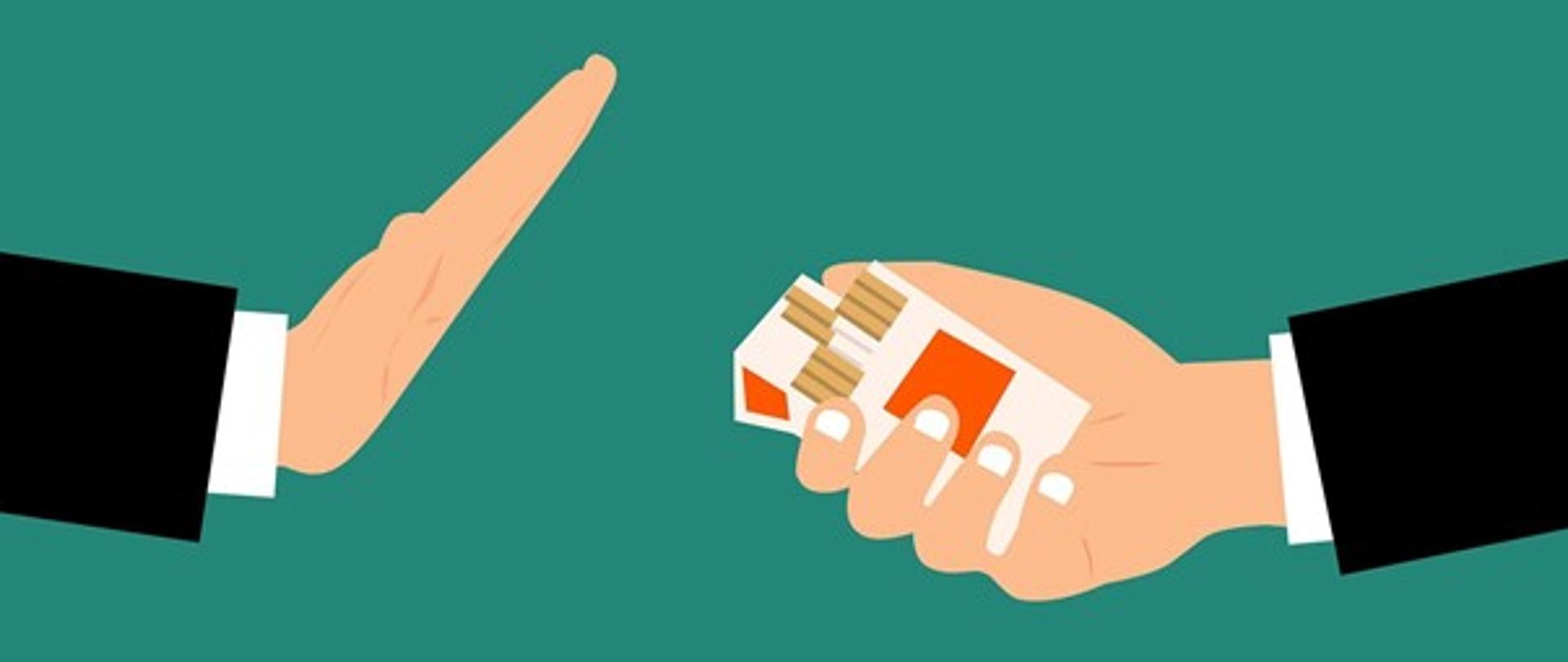 Osoba proponuje drugiej osobie papierosy na co druga strona odmawia.