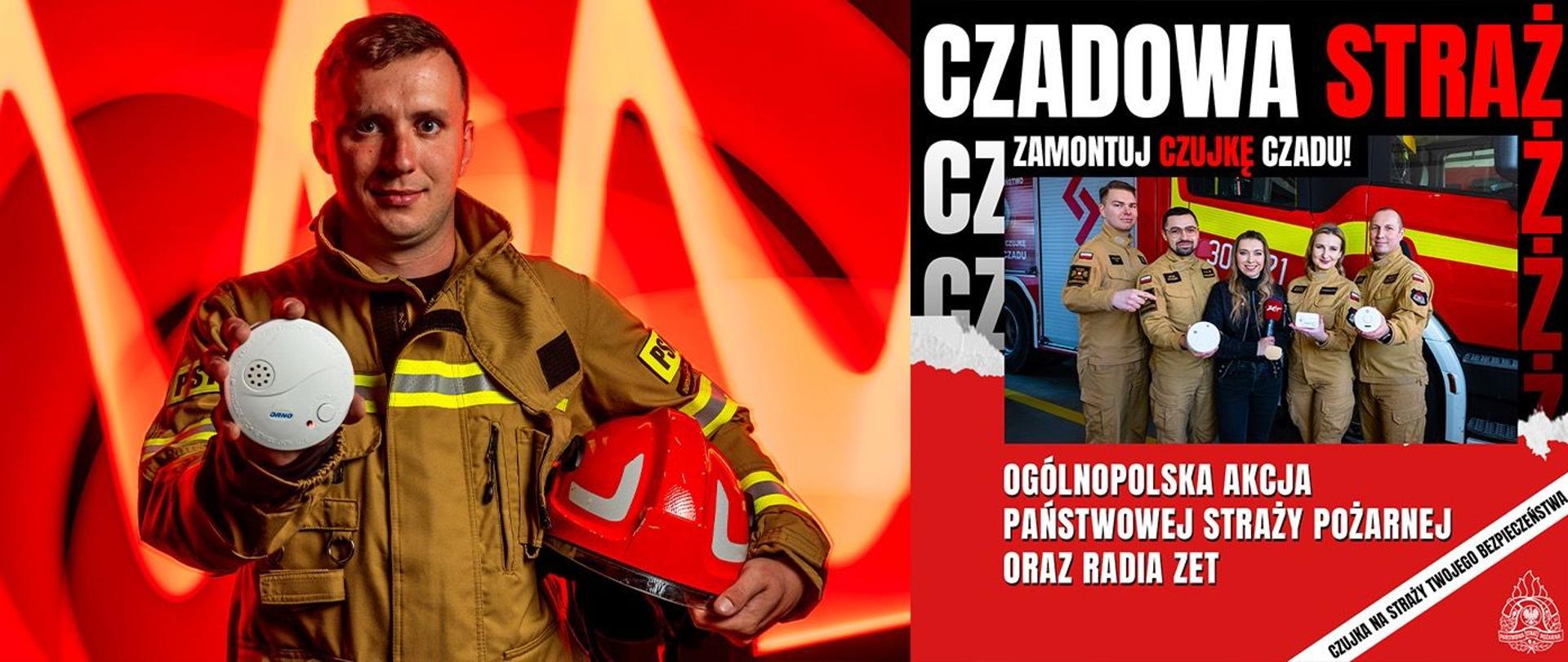 Baner promujący ogólnopolską akcję „Czadowa Straż”. Po lewej stronie strażak w pełnym umundurowaniu trzyma w dłoni biały czujnik czadu, a pod pachą czerwony hełm. Tło jest intensywnie pomarańczowe z dynamicznymi liniami. Po prawej stronie widnieje duży napis „CZADOWA STRAŻ” oraz hasło „ZAMONTUJ CZUJKĘ CZADU!”. Poniżej zdjęcie grupy strażaków i dziennikarki Radia ZET na tle wozu strażackiego, również prezentujących czujniki. Na dole informacja: „Ogólnopolska akcja Państwowej Straży Pożarnej oraz Radia ZET”