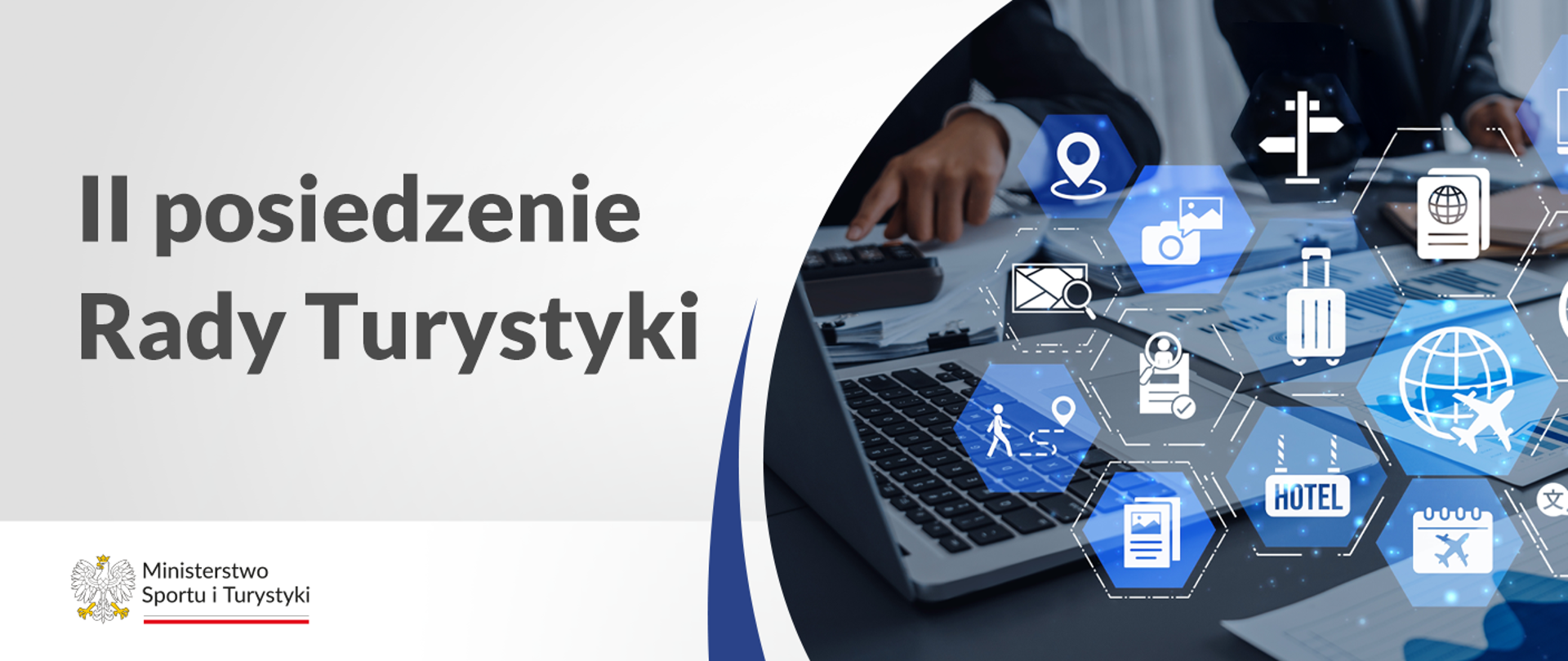 grafika na posiedzenie rady turystyki. Po prawej stronie ilustracja z elementami turystycznymi. Po prawej stronie nazwa wydarzenia. W dolnym lewym rogu logo ministerstwa