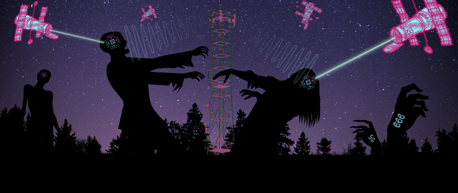 Na ilustracji sylwetki zombie z umieszczonymi w głowach czipami. W ich stronę z przelatujących na niebie satelitów i z anten masztu telekomunikacyjnego kierowane są wiązki promieniowania.