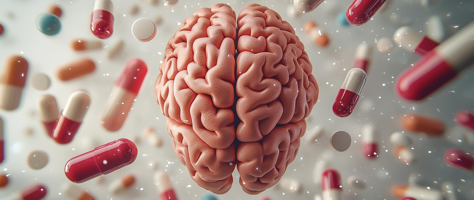 mózg na tle wielu pigułek